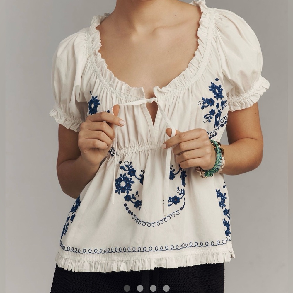 Anthropologie White and Blue Embroidered Blouse